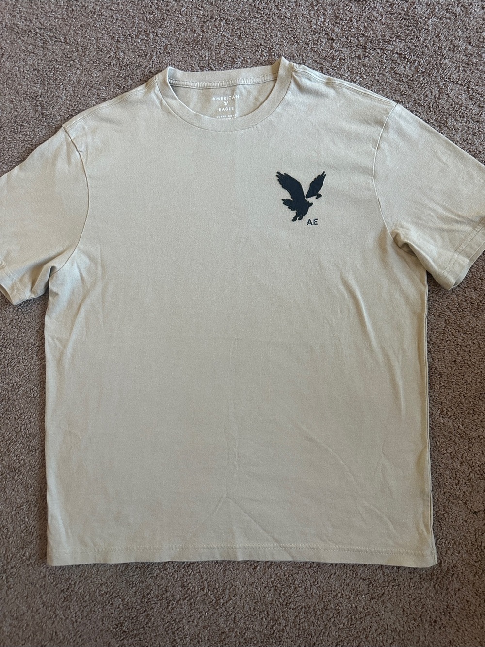 American Eagle Outfitters Beige Crewneck Tee with Navy Eagle Logo